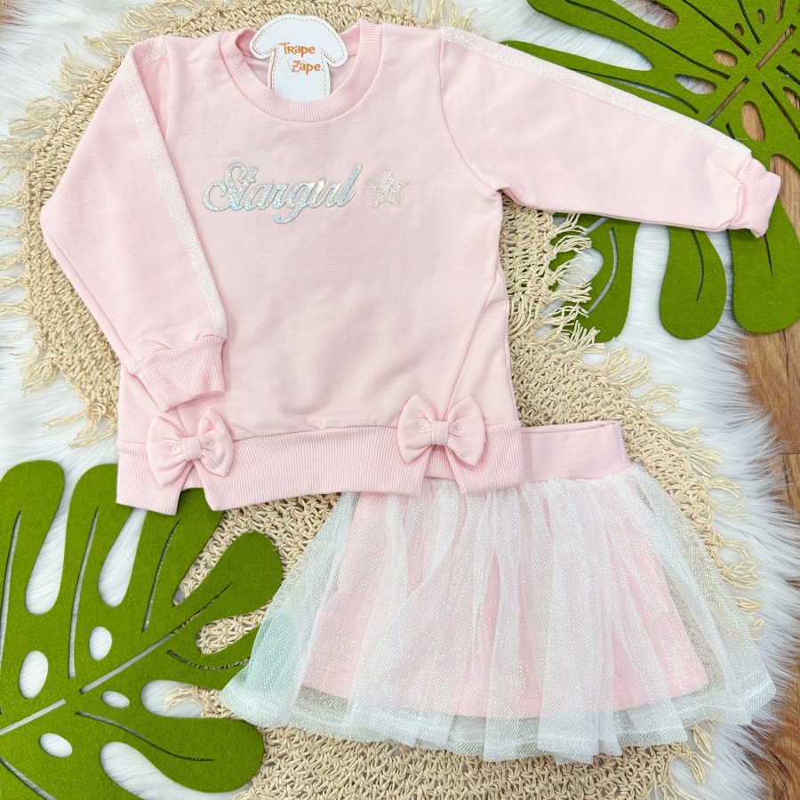 Conj. Blusa de Moletom Stargirl e Saia Tule - Rosa